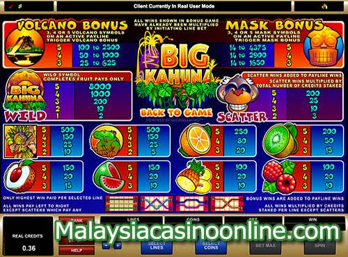 大魔法师 (Big Kahuna Slot) - Paytable