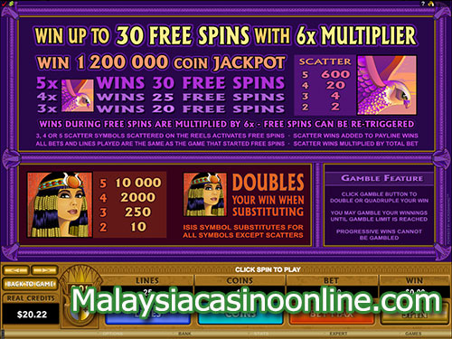 艾西斯百万钞票老虎机 (Mega Moolah Isis Slot) Free Spins Bonus